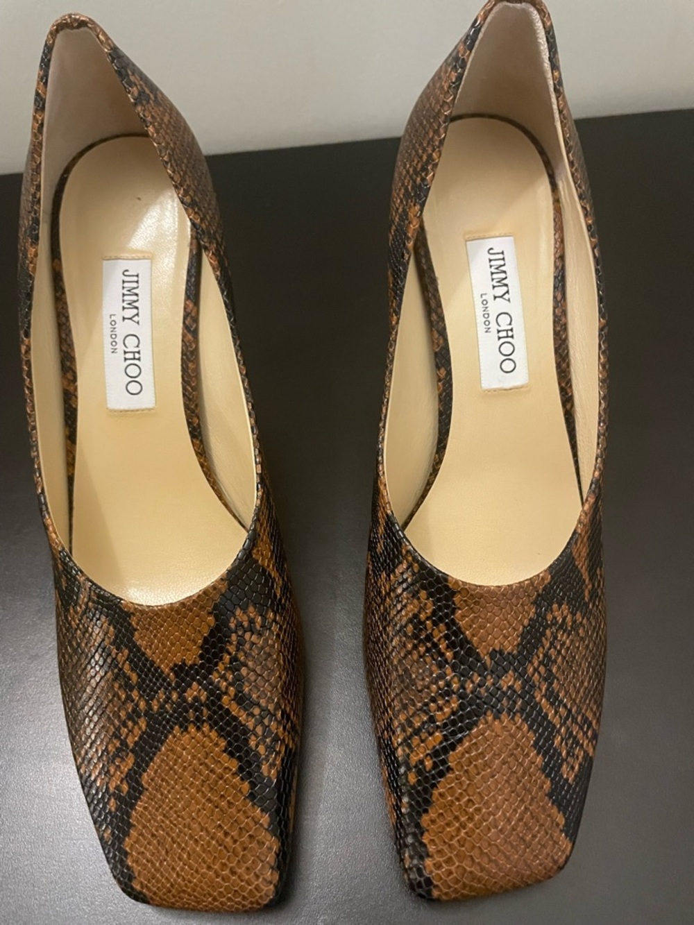 Jimmy Choo Brown and Black Snake-Print Leather Pumps